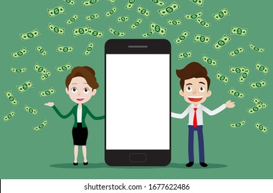 Businessman and businesswoman are standing beside big smart phone with blank white screen under the falling money rain, Use mobile phone to make money online concept, Cartoon vector illustration