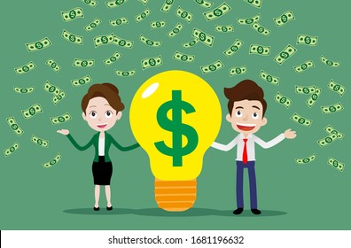 Businessman and businesswoman are standing beside big bulb under the falling money rain, Idea to make money concept, Cartoon vector illustration