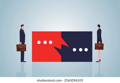 Businessman and Businesswoman Standing Next to Staggered Speech Bubbles