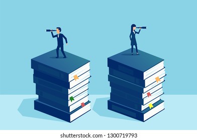 Businessman and businesswoman standing on pile of books looking at future in opposite direction