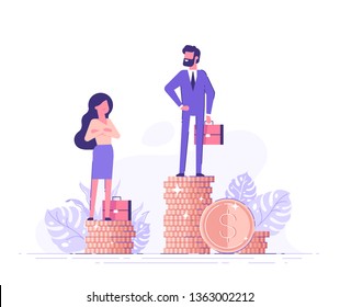 Businessman and businesswoman are standing on stacks of coins representing wages level. Gender gap and inequality in salary. Sexism and discrimination. Vector illustration.
