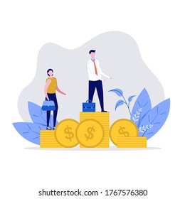 Businessman and businesswoman standing on stacks of coins representing wage level. Concept of Competition, Rivalry Between Colleagues, Office Workers Challenging. Modern illustration in flat style.