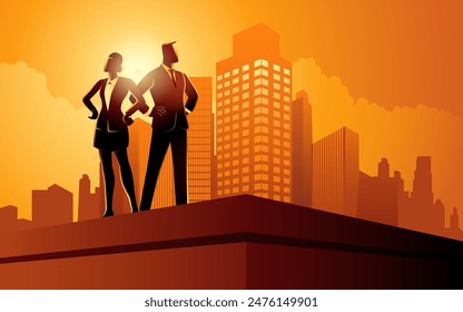 Businessman and businesswoman standing on the top of a building, accomplishment, determination, conquer obstacles, vector illustration