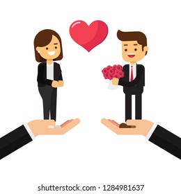 Businessman and businesswoman standing on the women's and men's hands and drawn heart between them,Happy Valentine's Day