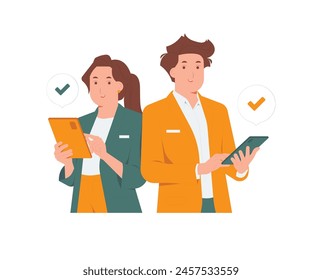 Businessman and businesswoman standing proud back to back as partner using tablet, successful team leader concept illustration