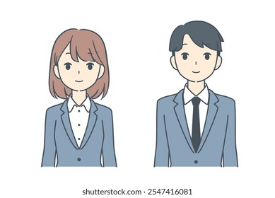 A businessman and businesswoman standing side by side in formal attire, suitable for corporate or professional contexts.