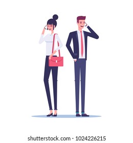 Businessman and businesswoman standing and talking on mobile phone on white background vector flat illustration. Office workers standing with phones in their hands.