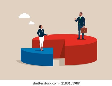 Businessman and businesswoman in suits with briefcase standing on pie chart. Economic financial share profit. Market share business. Competing. Vector illustration flat design. 