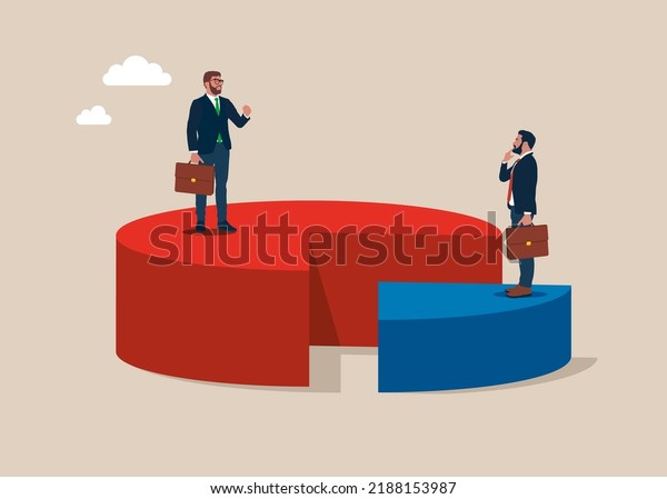 Businessman and\
businesswoman in suits with briefcase standing on pie chart.\
Economic financial share profit. Market share business. Competing.\
Vector illustration flat design.\

