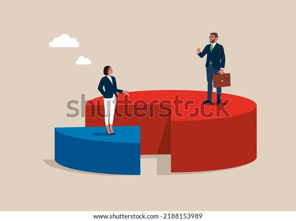 Businessman and\
businesswoman in suits with briefcase standing on pie chart.\
Economic financial share profit. Market share business. Competing.\
Vector illustration flat design.\
