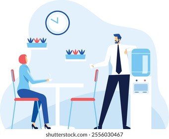 Businessman and businesswoman are taking a break in the office cafeteria, enjoying coffee and conversation near the water cooler, fostering workplace camaraderie and relaxation