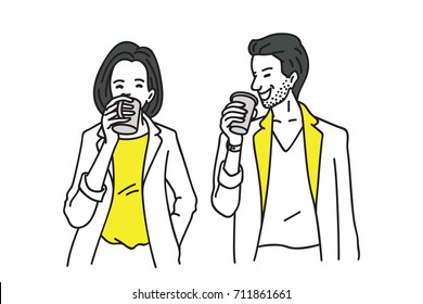 Businessman and businesswoman taking a break time, drinking coffee, happy office workers. Vector illustration, line, outline, linear, thin line art, doodle, hand draw sketch style. 