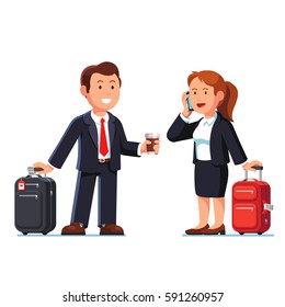 Businessman and businesswoman taking standing with their luggage bags. Going on business trip together, waiting for a transport or plane. Flat style modern vector isolated illustration.