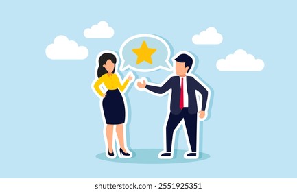 A businessman and businesswoman talk, creating a dialogue box labeled with stars, illustration of sharing ideas on strategies to improve business ratings and quality