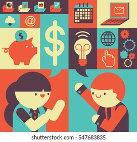A businessman and a businesswoman talk enthusiastically about a lot of ideas