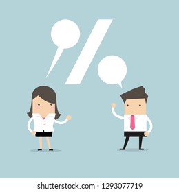 Businessman and Businesswoman talking about the commission percentage.