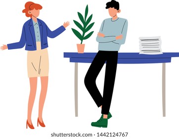 Businessman and Businesswoman Talking and Discussing in Office, Colleagues Working Together, Communication Between Coworkers Vector Illustration