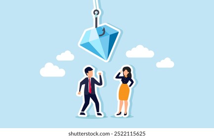 A businessman and businesswoman talking with a hook catching a diamond, an illustration of discussing how to obtain natural resources for a business project.