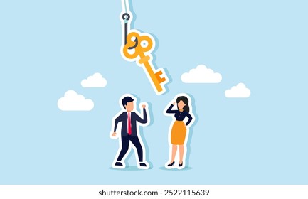 A businessman and businesswoman talking with a hook catching a key, an illustration of discussing solutions to a business problem.