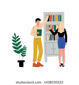 Businessman and Businesswoman Talking in Office, Colleagues Working Together, Communication Between Coworkers Vector Illustration