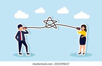 A businessman and businesswoman talking through a traditional device with a cord forming a star, illustration of sharing or communication about business ratings and quality  