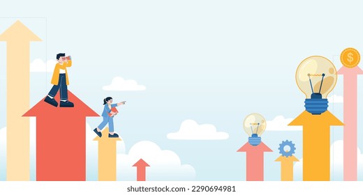 Businessman And Businesswoman Team Looking For Creative Idea On Top Of Arrow, Light Bub, Vector, Illustration