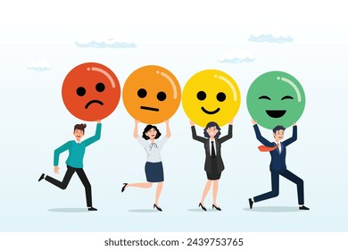 Businessman and businesswoman team showing emotion happy and sad faces, employee morale, team spirit, work passion or job satisfaction, worker wellbeing or feeling, attitude and motivation (Vector)