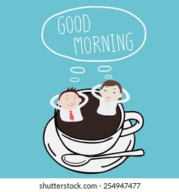 Businessman & Businesswoman thinking good morning on a cup - Vector