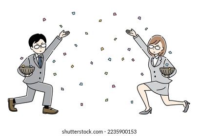 Businessman and businesswoman throwing confetti.