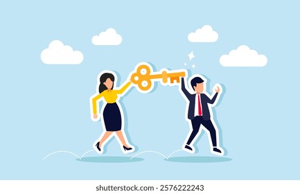 A businessman and businesswoman together carry a key with joy, illustration of a joint venture or business collaboration to find business solutions