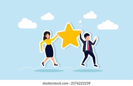 A businessman and businesswoman together carry a star with joy, illustration of a joint venture or business collaboration to improve business quality