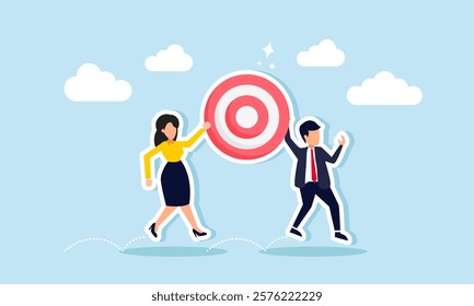 A businessman and businesswoman together carry a target board with joy, illustration of a joint venture or business collaboration to effectively achieve business targets