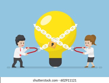 Businessman and Businesswoman trying to Unlock Light Bulb of Idea, Business Ideas Unleashed Concept
