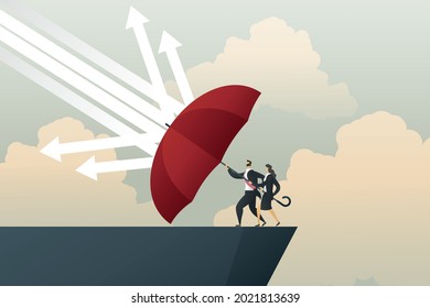Businessman and Businesswoman with umbrella red protect arrows rain falling on cliff. Recession in economy crisis or market crash. illustration Vector