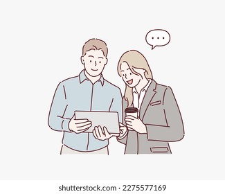 Businessman and businesswoman using digital tablet. Hand drawn style vector design illustrations.