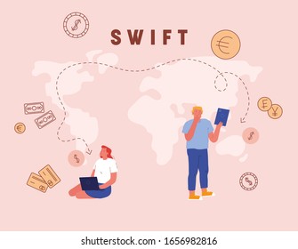 Businessman and Businesswoman Using Gadgets for Money Transfer, Swift, Society Worldwide Interbank Financial Telecommunication, Payment Transaction Service Technology Cartoon Flat Vector Illustration