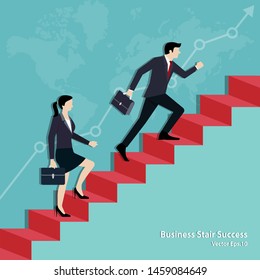 Businessman and businesswoman walking on staircase up to the goal. Business Achievement concept, Success, Leadership, Teamwork, Vector illustration flat