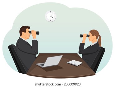 Businessman and businesswoman are watching each other using binoculars