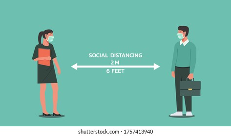 businessman and businesswoman wear face mask standing and looking at each other maintain social distancing, keep distance, character flat vector illustration 