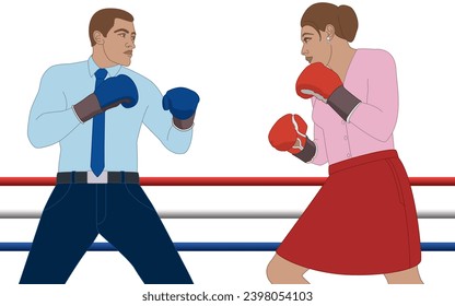 businessman and businesswoman wearing boxing gloves boxing in a match isolated on a white background