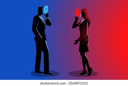 Businessman and businesswoman wearing masks while engaging in conversation, pretense, small talk, workplace intrigue, professional rivalry, business politics and hidden agendas in corporate settings