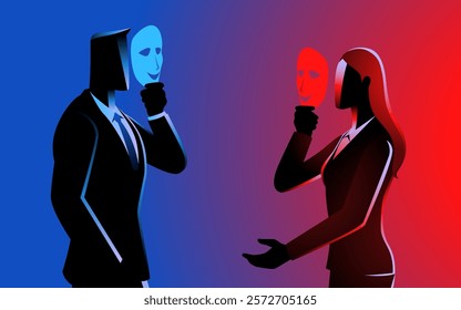 Businessman and businesswoman wearing masks while engaging in conversation, pretense, small talk, workplace intrigue, professional rivalry, business politics and hidden agendas in corporate settings