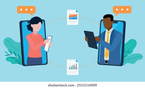 Empresário e empresária trabalham e enviam documentos com gráficos. Os caracteres são visíveis nas telas do telefone. Há bolhas de conversa ao lado dos personagens. Vetor de design plano.