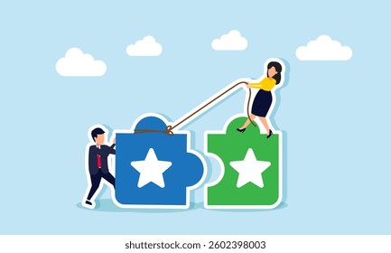 Businessman and businesswoman work together to connect star-marked puzzle pieces, illustration of a match in balancing business service and product quality