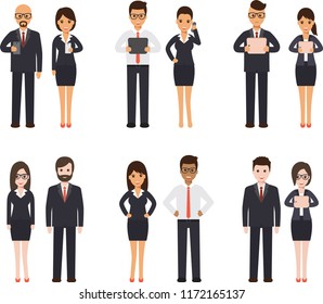 Businessman and businesswoman working character design set. Vector design.