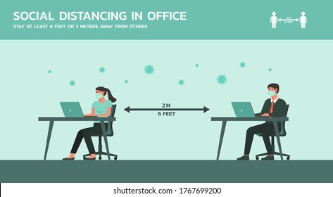 businessman and businesswoman working in office wearing mask and maintain social distancing to prevent coronavirus spreading, new normal lifestyle concept, flat vector illustration