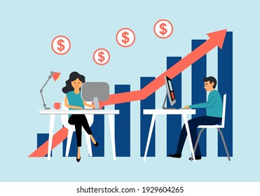 Businessman and businesswoman working on computer with investment profit graph and arrow for marketing analysis in flat design. Financial business investor working in office concept.