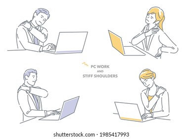 Businessman And Businesswoman Working On Laptop Computer Having Stiff Shoulders. Easy To Use Vector Flat Illustration Isolated On A White Background.
