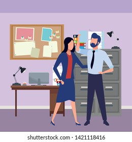 Businessman and businesswoman working and talking with office documents inside office with computer and cabinet background, vector illustration.