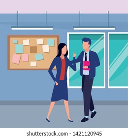 Businessman and businesswoman working and talking with office documents inside office with windows and corkboard scenery, vector illustration.